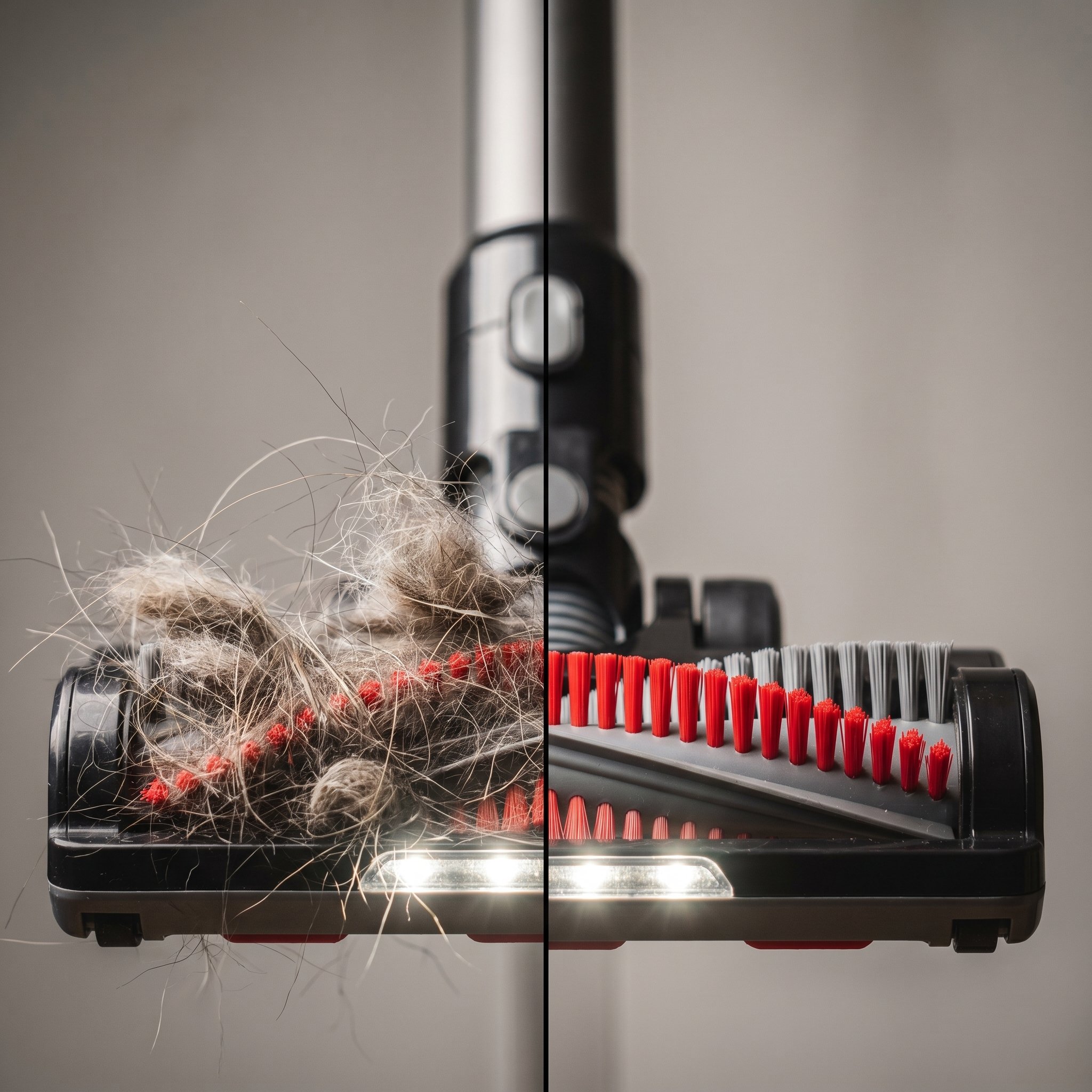 A split-screen comparison showing a vacuum brushroll tangled with hair on the left, and a clean anti-tangle brushroll on the right.