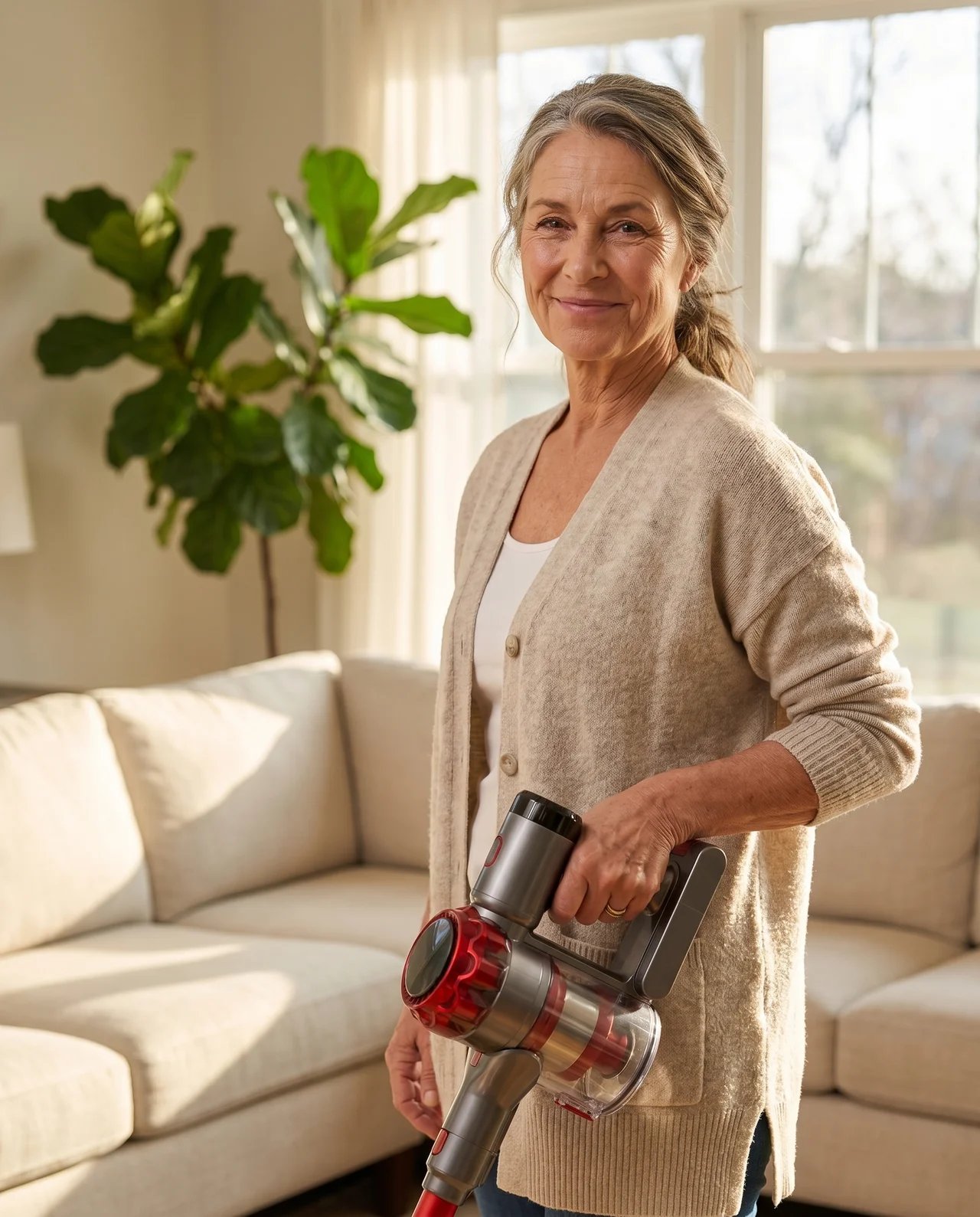 A woman in her late 50s in a beige cardigan stands smiling in her sunlit living room, holding a red Nyven cordless vacuum.